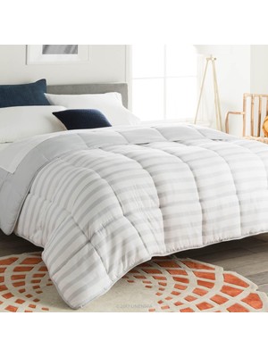 (California King, Grey/white Stripe) - Reversible Striped Down Alternative Quilted Comforter With Co