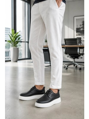 Mevese Ornex Erkek Deri Görünümlü Bağcıklı Casual Sneaker Klasik Günlük Ayakkabı - Siyah Beyaz