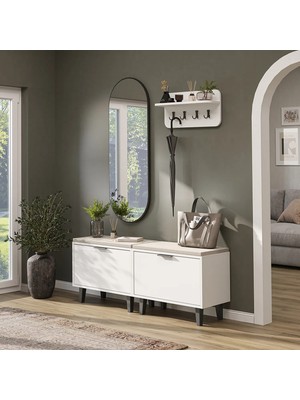 Roomart Nord Vestiyer Takımı Askılıklı, Kapaklı Bench, Modüler, Oval Aynalı Portmanto Takımı