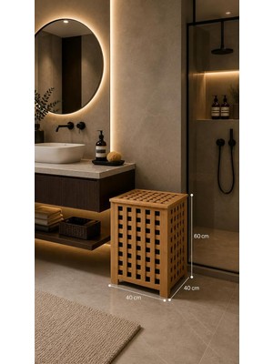 Bambu Çamaşır Sepeti 40X40X56 cm - Içi Bezli Kapaklı Doğal Ahşap Kirli Sepeti