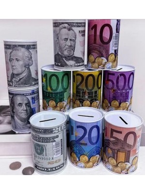 Euro Dolar Desenli Metal Kumbara Silindir Tasarruf Para Kutusu 1 Adet