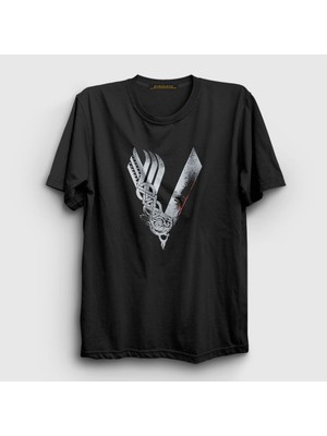Presmono Unisex Siyah Logo Vikings T-Shirt
