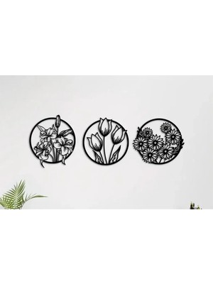 Moontime Alaçatı Yuvarlak Çiçek Desenli 3 Parça Dekoratif Duvar Süsü