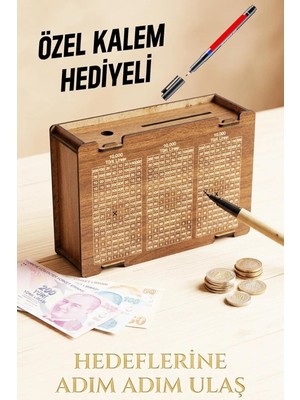 Ahşap Kumbara, Para Biriktirme Kutusu, Mdf, Ceviz, Tasarruf Challenge Sistemi, Motivasyon Hedef Kut