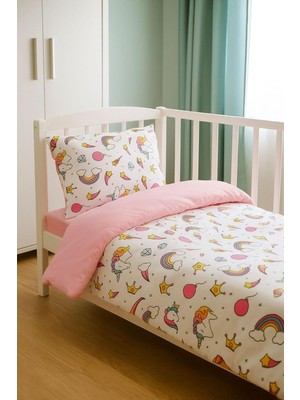 Bebek Özel Pamuklu Bebek Çocuk Nevresim Takımı 70X120 Cm, Unicorn Pembe
