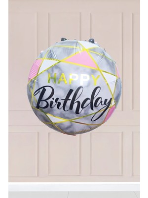 Atölye Mi Yuvarlak Happy Birthday Yazılı Pembe Gold Çizgili Folyo Balon 45CM