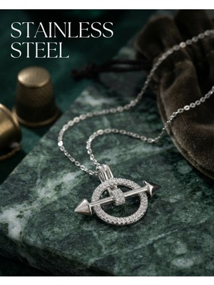 Stainless Steel 316L Çelik Zincir Gümüş Renk Zirkon Taşlı Halka Model Kolye