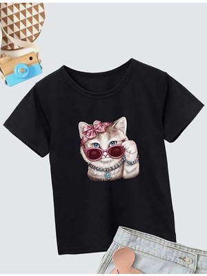 Tarz Yeri Kız Çocuk Bisiklet Yaka Baskılı T-Shirt - Siyah