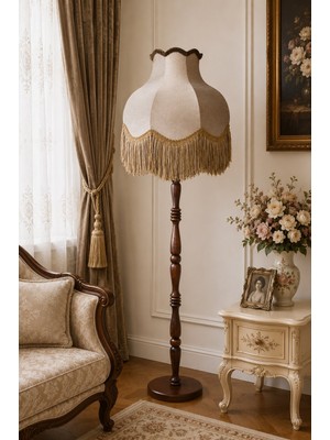 dekovien Vizon Kadife Başlık Kahve Ahşap Ayaklı Lambader Vintage Model 170X45CM
