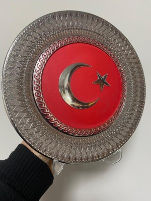 Türk Bayrağı Dekoratif Tabak, Gümüş Rengi Desenli Çerçeve, Kırmızı Ay Yıldız Motifli, 2