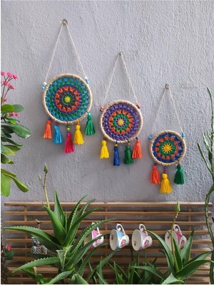 Moontime Alaçatı Duvar Süsü Renkli Mandala Makrome Hediyelik Balkon Bahçe Teras Dekorasyonu 3 Lü Duvar Süsü