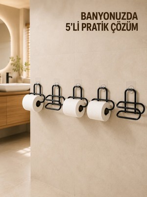 Ruhes 5 Adet Duvara Yapışkanlı Wc Kağıtlık Delmeden Montaj Siyah Metal Tuvalet Kağıdı Askısı