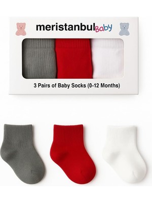 Asitan Baby – Erkek ve Kız Bebekler Için 3'lü Pamuklu Çorap Seti, Kutulu | Kırmızı, Gri, Beyaz (0