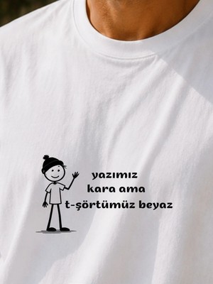 Qmen Style Unisex Beyaz Oversize Baskılı T-Shirt Espirili Kara Yazı Baskılı %100 Pamuk