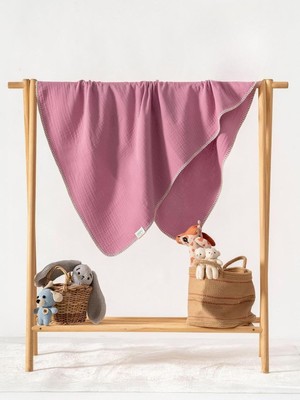 Asitan Organik Pamuk, Çoban Dikiş Detaylı Müslin Battaniye-Pembe Pembe 80 x 110