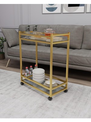 Çok Amaçlı Tekerlekli Sunum Servis Arabası Yan Sehpa Cam Raflı Gold Metal Iskeletli Servant
