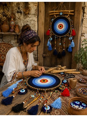 Moontime Alaçatı Turkuaz Renk Düş Kapanı Nazar Boncuğu Nazarlık Makrome Balkon Bahçe Duvar Dekorasyanları Mandala