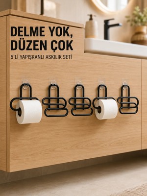 Ruhes Siyah Metal Tuvalet Kağıdı Tutucu 5’li Set Yapışkanlı Duvar Tipi Banyo Wc Askısı
