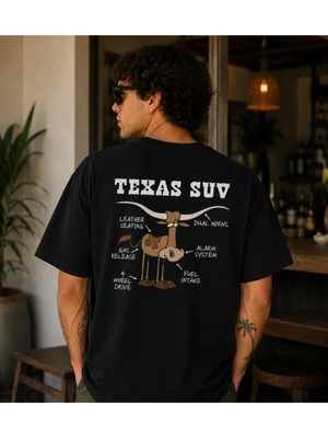 Qmen Style Unisex Siyah Oversize Baskılı T-Shirt Texas Suv %100 Pamuk