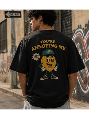 Qmen Style Unisex Siyah Oversize Baskılı T-Shirt Limon %100 Pamuk