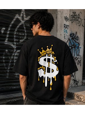 Qmen Style Unisex Beyaz Oversize Baskılı T-Shirt Eriyen Dolar %100 Pamuk