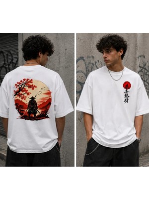 Qmen Style Unisex Beyaz Oversize Baskılı T-Shirt Japon %100 Pamuk