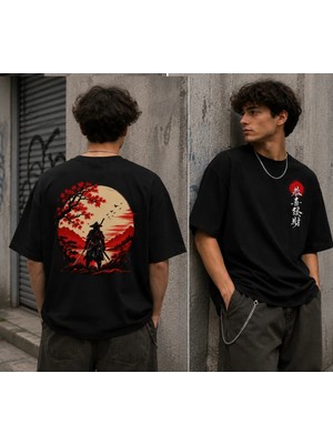 Qmen Style Unisex Siyah Oversize Baskılı T-Shirt Japon %100 Pamuk