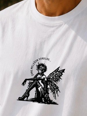 Qmen Style Unisex Beyaz Oversize Baskılı T-Shirt Espirili Şans Melağim Baskılı %100 Pamuk