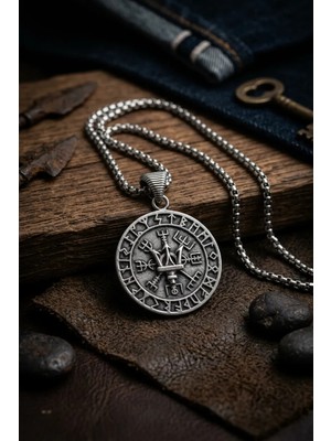 Begondio Mızraklı Vegvisir Pusula El İşçiliği Paslanmaz Çelik Zincir Erkek Kolye