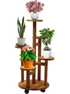Tekerlekli Çiçeklik 5 Raflı Saksılık Dekoratif 5 Raflı Çiçeklik Doğal Ahşap Saksılık Çi