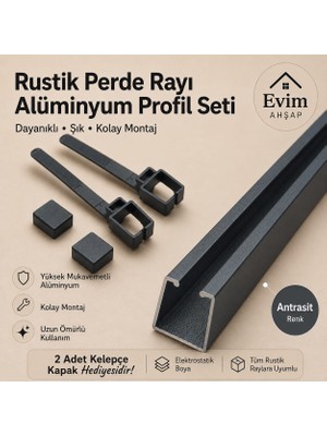 Evim Ahşap Rustik Perde Rayı – Alüminyum Profil Seti | 2 Kelepçe ve Kapak Hediyeli – Ceviz-Meşe-Siyah- Antrasit-Beyaz-Krem