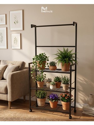 Tekerlekli Metal Saksı Standı ve Bitki Askılığı - 3 Raflı Portatif Çiçek Rafı Siyah
