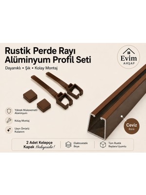 Evim Ahşap Rustik Perde Rayı – Alüminyum Profil Seti | 2 Kelepçe ve Kapak Hediyeli – Ceviz-Meşe-Siyah- Antrasit-Beyaz-Krem