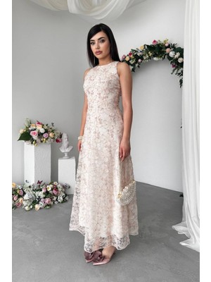 Nils Butik 3D Çiçek Desenli Midi Abiye Elbise
