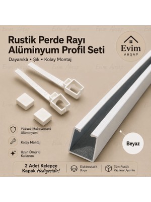 Evim Ahşap Rustik Perde Rayı – Alüminyum Profil Seti | 2 Kelepçe ve Kapak Hediyeli – Ceviz-Meşe-Siyah- Antrasit-Beyaz-Krem