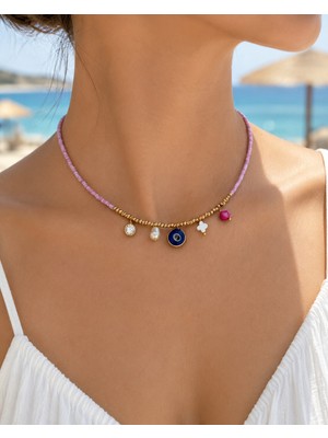 Pink Aura Pembe Boncuklu Nazar Inci ve Charm Detaylı Kadın Kolye