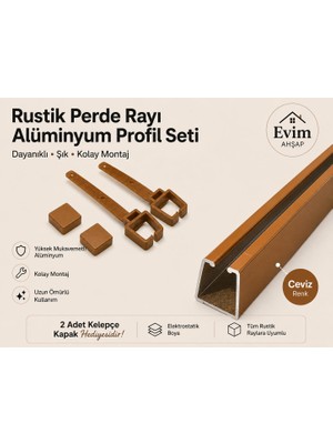Evim Ahşap Rustik Perde Rayı – Alüminyum Profil Seti | 2 Kelepçe ve Kapak Hediyeli – Ceviz-Meşe-Siyah- Antrasit-Beyaz-Krem