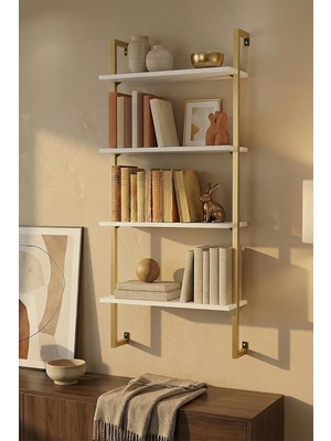 60X20 Cm, 4 Raflı Kitaplık / Duvar Rafı & Mutfak, Banyo, Organizer, Gold Metal