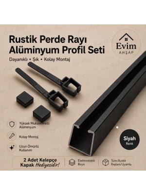 Evim Ahşap Rustik Perde Rayı – Alüminyum Profil Seti | 2 Kelepçe ve Kapak Hediyeli – Ceviz-Meşe-Siyah- Antrasit-Beyaz-Krem