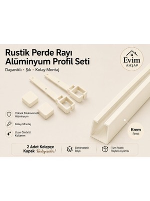 Evim Ahşap Rustik Perde Rayı – Alüminyum Profil Seti | 2 Kelepçe ve Kapak Hediyeli – Ceviz-Meşe-Siyah- Antrasit-Beyaz-Krem