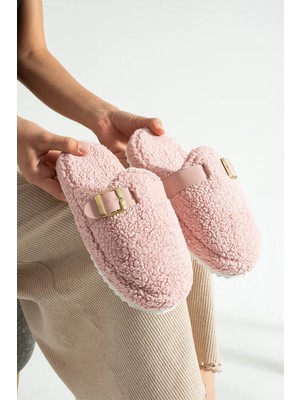 Nmoda Peluş Ev Terliği Kadın Altın Tokalı Teddy Yumuşak Ses Yapmaz Hafif Taban Kışlık Terlik