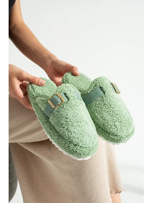 Nmoda Peluş Ev Terliği Kadın Altın Tokalı Teddy Yumuşak Ses Yapmaz Hafif Taban Kışlık Terlik