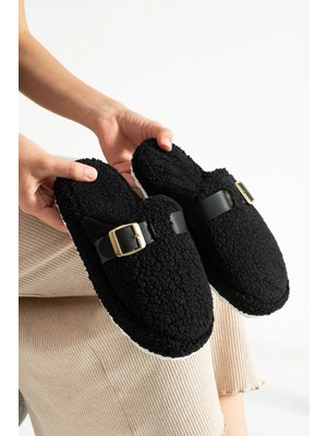 Nmoda Peluş Ev Terliği Kadın Altın Tokalı Teddy Yumuşak Ses Yapmaz Hafif Taban Kışlık Terlik