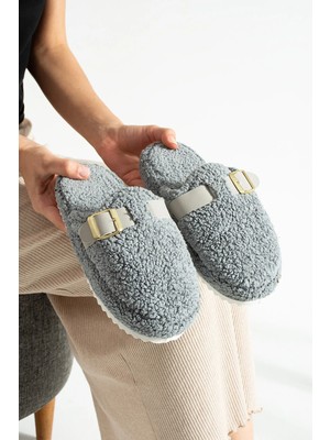 Nmoda Peluş Ev Terliği Kadın Altın Tokalı Teddy Yumuşak Ses Yapmaz Hafif Taban Kışlık Terlik