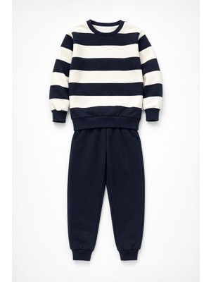 Perendi Erkek Çocuk Çizgili Sweatshirt ve Jogger Alt Şardonlu Takım