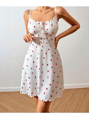 Mores Kadın Çilek Desenli Beyaz Renk Pamuk Pijama Takımı