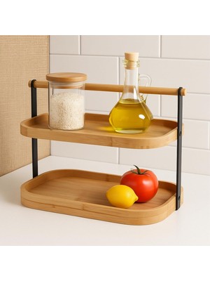 Asitan 2 Katlı Mutfak Rafı, Bambu ve Metal Malzeme, Modern Tasarım, Çok Amaçlı Depolama Standı, Mutf