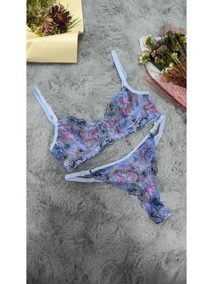 Doğu Collection Çiçek Desenli Dantel & Tül Sütyen Külot Takımı Bralet Külot Takımı