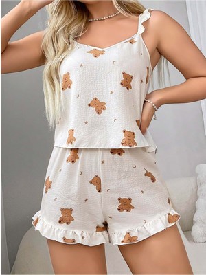 Wild Wake Pileli Ayıcık Desenli Kadın Rahat Gecelik Takım, Kadın Seksi Giyim Ev Pijama