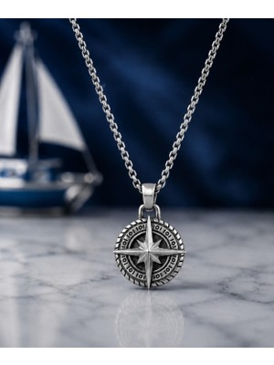 Voyage Accessory Paslanmaz Çelik Minimal Tasarım Antrasit  Gümüş Renk Pusula Kolye